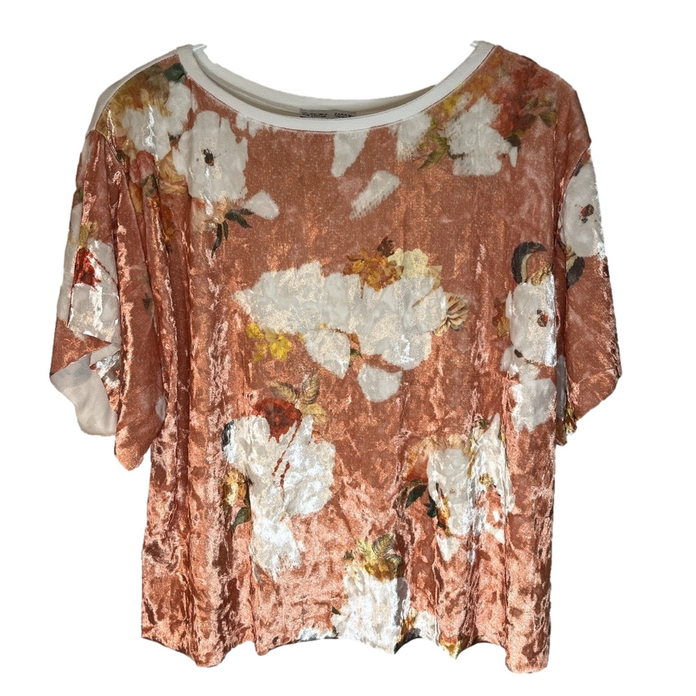 Zara Gold Embellished Short Sleeve Blouse Womens Large Floral Boho Soft Relaxed